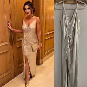 NWT Eliza J Champagne Silver Formal Wedding Guest Gown Long Slit Dress